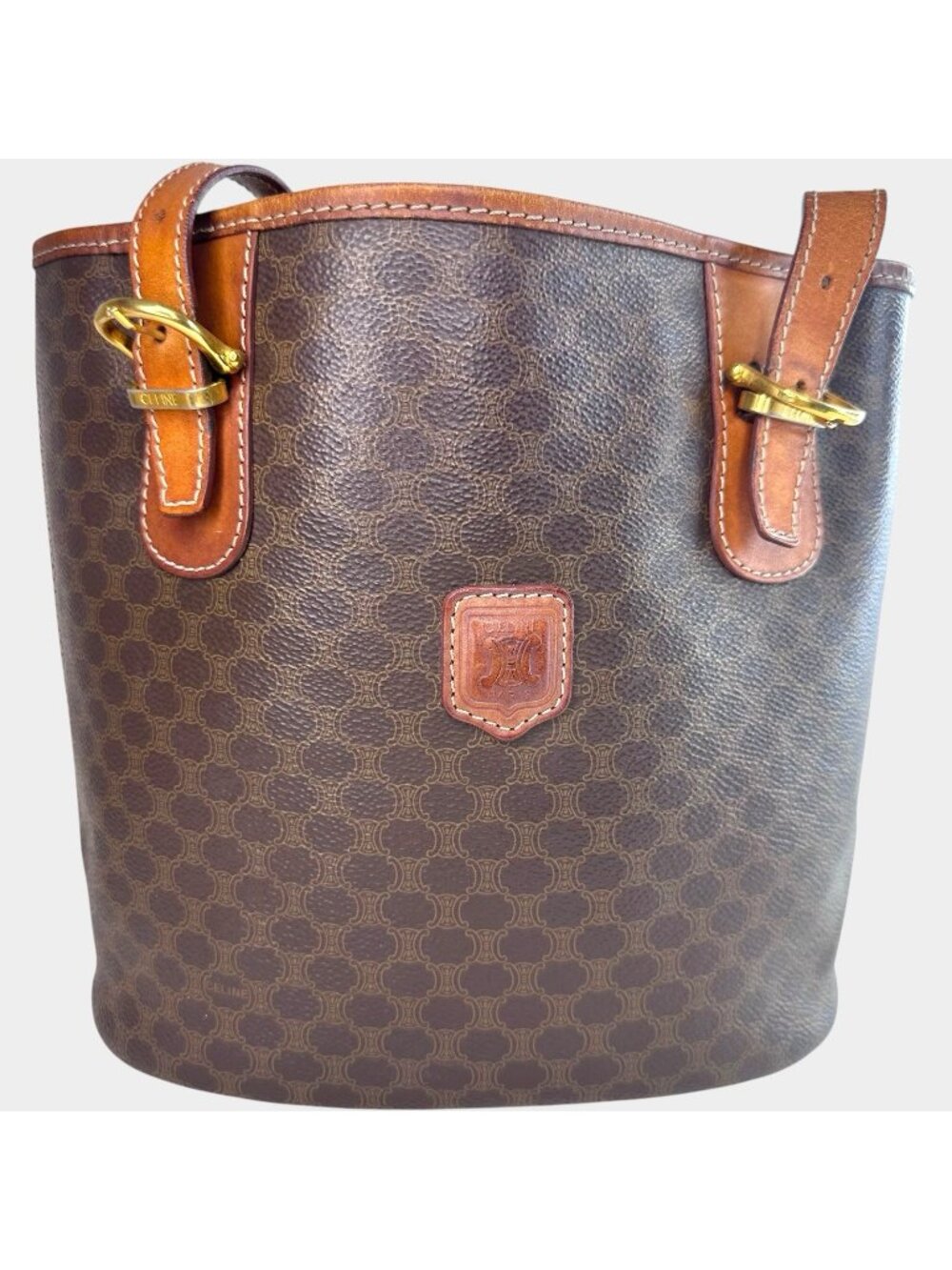 Auth CELINE Macadam Canvas Tote/Bucket Bag PVC/Leather Brown Gold M95 Logo Vintg - Picture 3 of 15